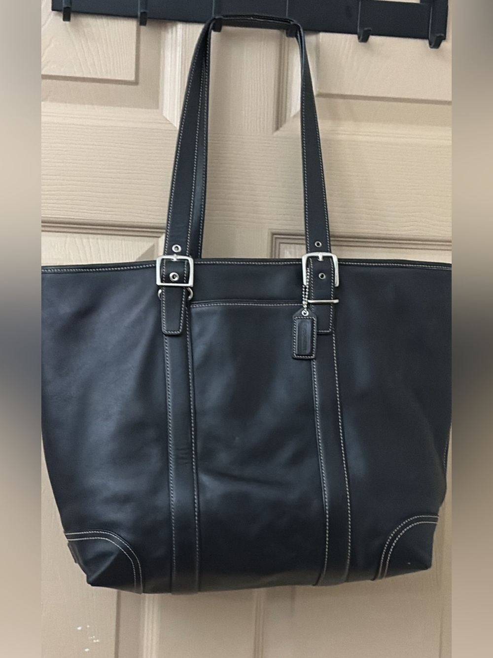 Vintage Coach Black Leather Shoulder Bag with Beige Signature Monogram Interior